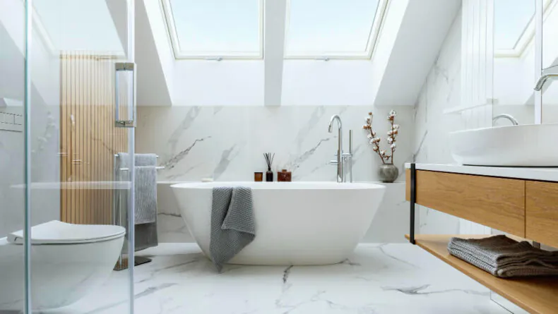 A relaxing bathroom with a bathtub, shower, toilet, and modern looking sink, all installed during remodeling from Beyond Builders